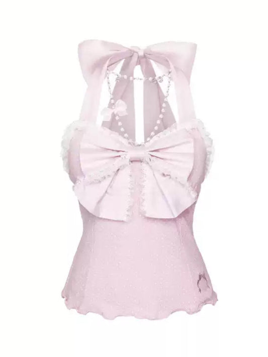 Lace-up Polka-dot Bow Halter Top