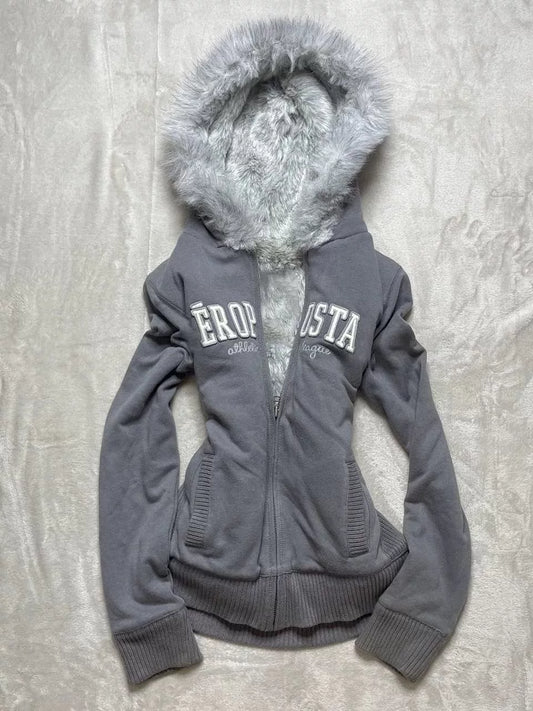 Vintage Grey Fleece Hoodie Jacket | Cozy American Retro Outerwear for Women