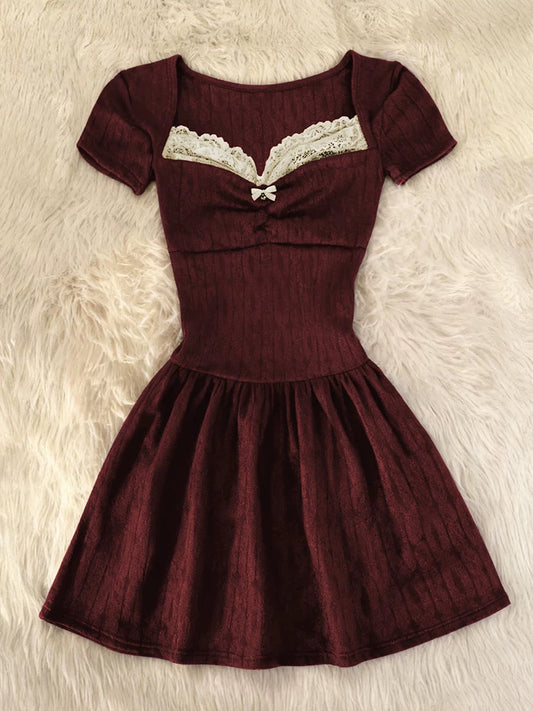 Wine Red Vintage Lace Short Sleeve Dress with a Chic V-Neck, Retro Style Mini Dress for Summer Women