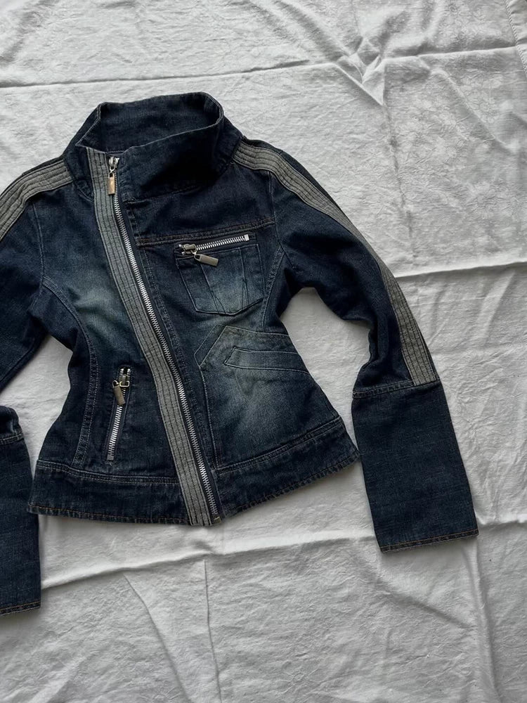 Half Peach Original Vintage Blue Contrast-Panel Zipper Slant-Front Design Denim Jacket with Stand Collar for Autumn Women