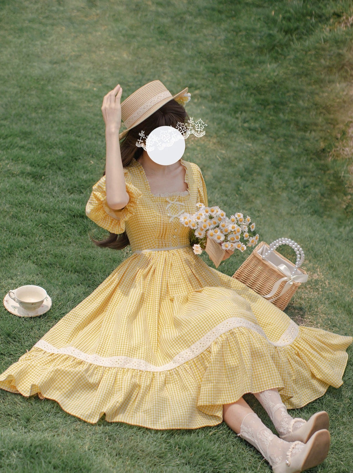 【Pre-order item】Retro Girly Yellow Dress + Apron + Ribbon