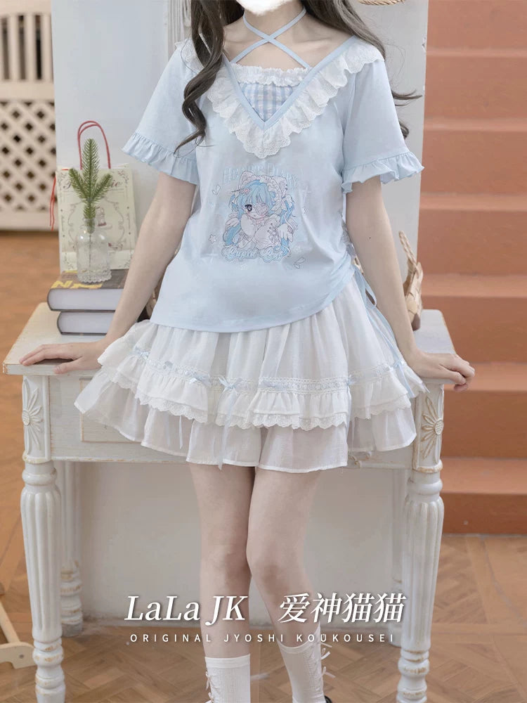 LaLa Sauce Ai Shen Cat Cat – Blue Original Design Lolita Home Outfit Flattering Slimming Skirt Set (Spring & Summer New)