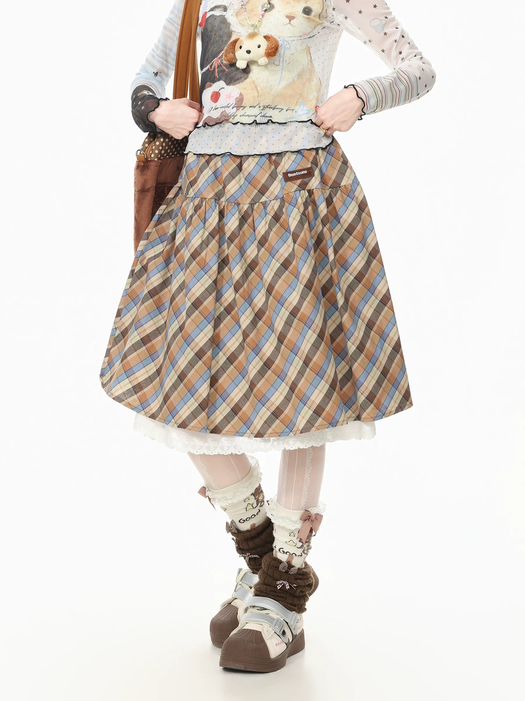 Blue Ghost Park Languid Park Lace-Trim Plaid Homey-Style “宅萌” Midi Skirt for Women, Summer Casual