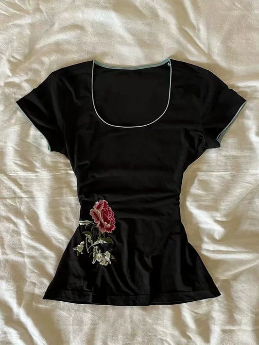 Small-Batch Vintage Black Square-Neck Shoulder-Fit Slimming T-Shirt Top 2026 Summer New Arrival