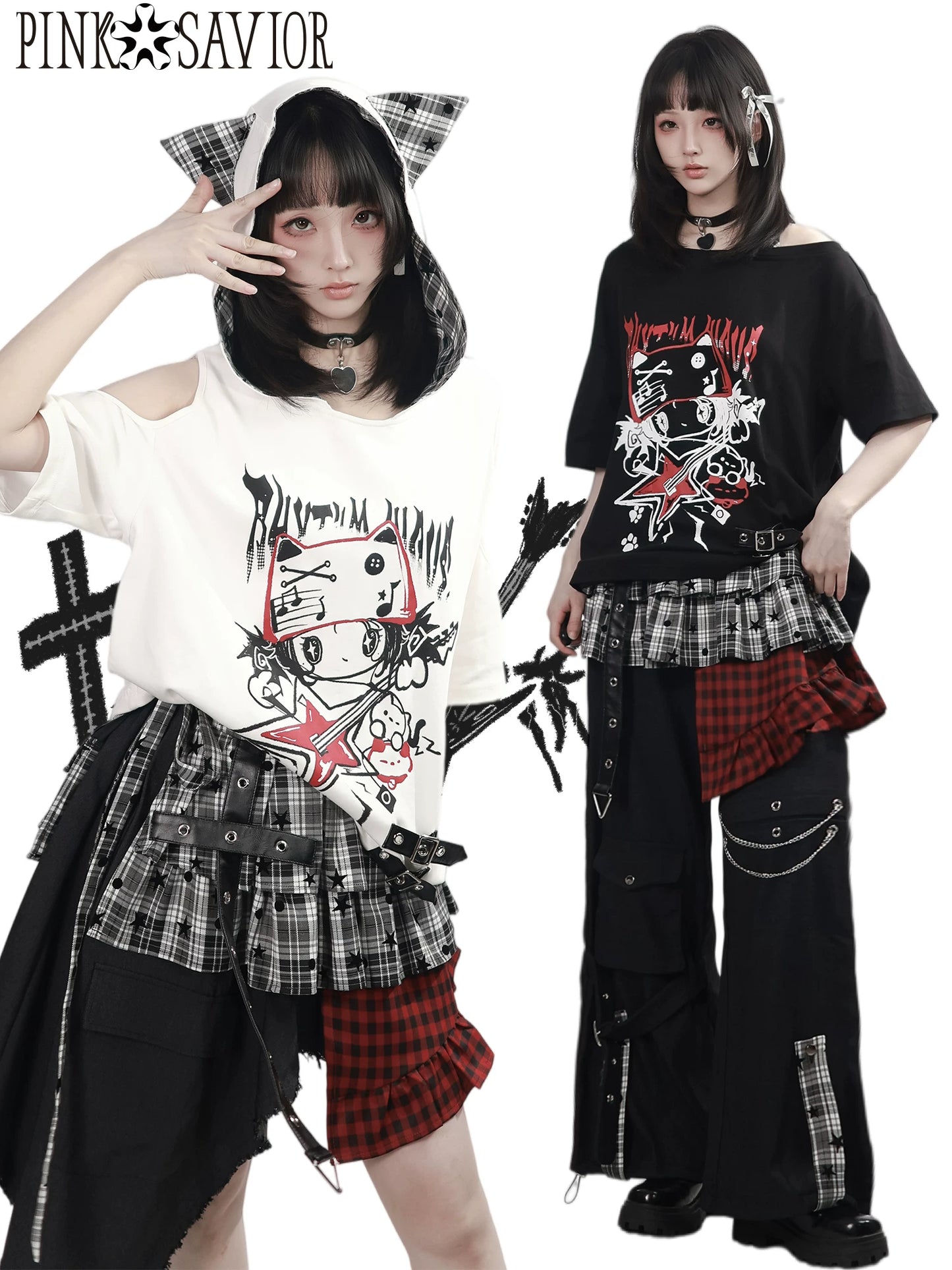 Pinksavior “Cat Plastic Band” Summer Short-Sleeve Patchwork Color-Block Playful Contrast Casual Slimming Top & Long Pants Set
