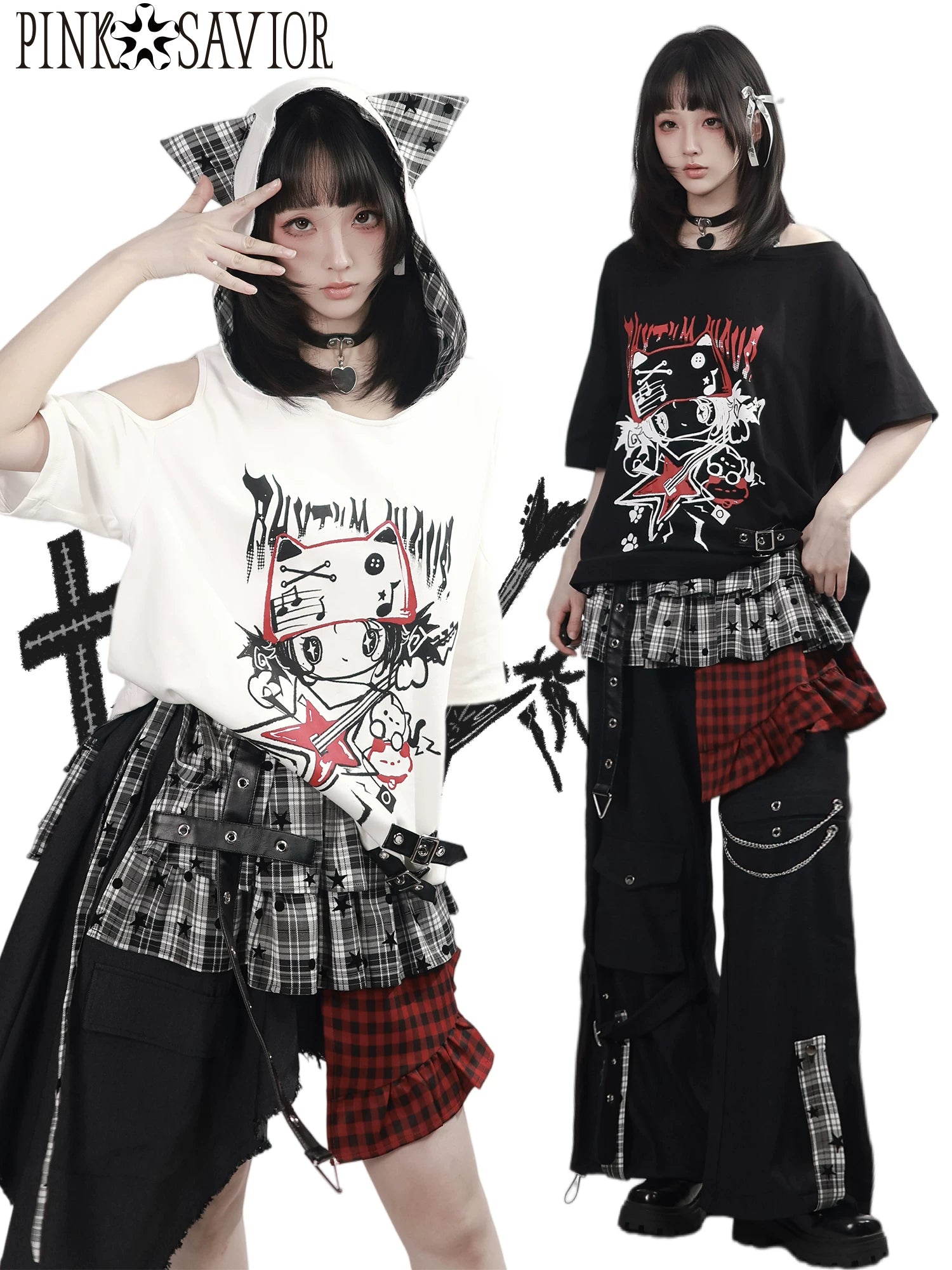 Pinksavior “Cat Plastic Band” Summer Short-Sleeve Patchwork Color-Block Playful Contrast Casual Slimming Top & Long Pants Set