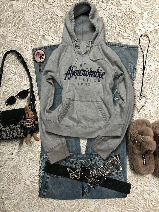 Gray Letter Hoodie for Women Spring & Autumn Waist-Cinching American Vintage Style