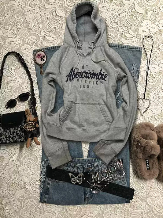 Gray lettered hooded sweatshirt