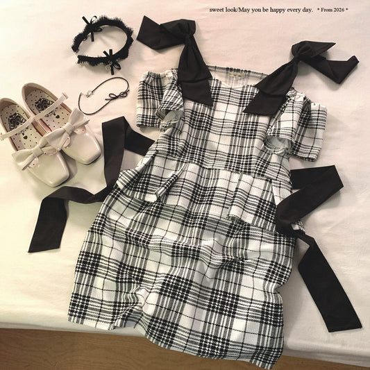 Japanese-Day Japanese Sweet Bow Strappy Vintage Checkered Off-Shoulder Bouclé Dress