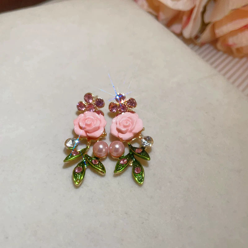 Pearl Collar Necklace with Pink Flowers for Women, Bold Statement Neckwear, 2026 New Fashion Accessory - Pink Flower Pearl Stud Earrings