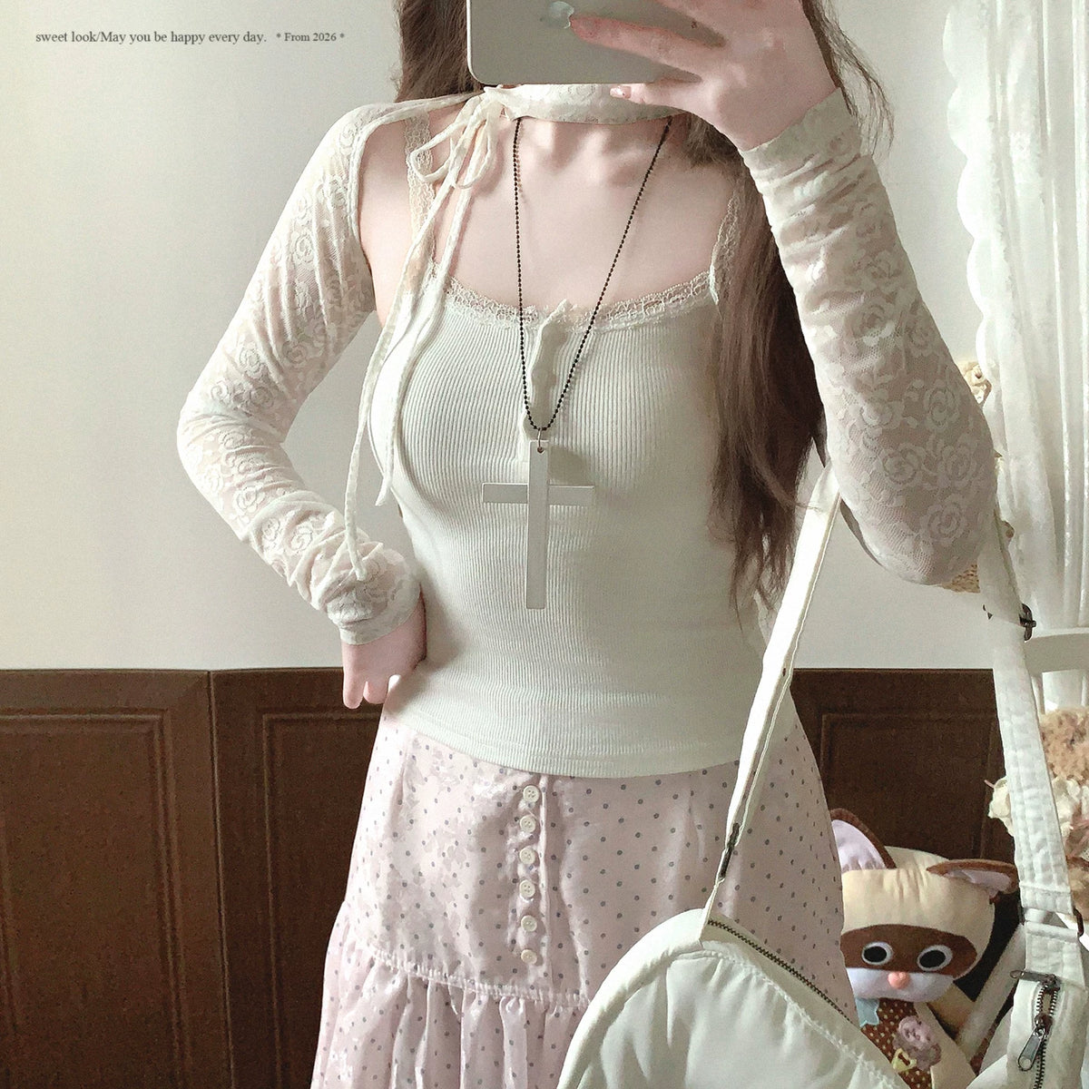 Last-Season Clearance RLQY Rose Jacquard Tie-Front Elegant Stand Collar Sheer Lace Cropped Long Sleeve Shawl Top