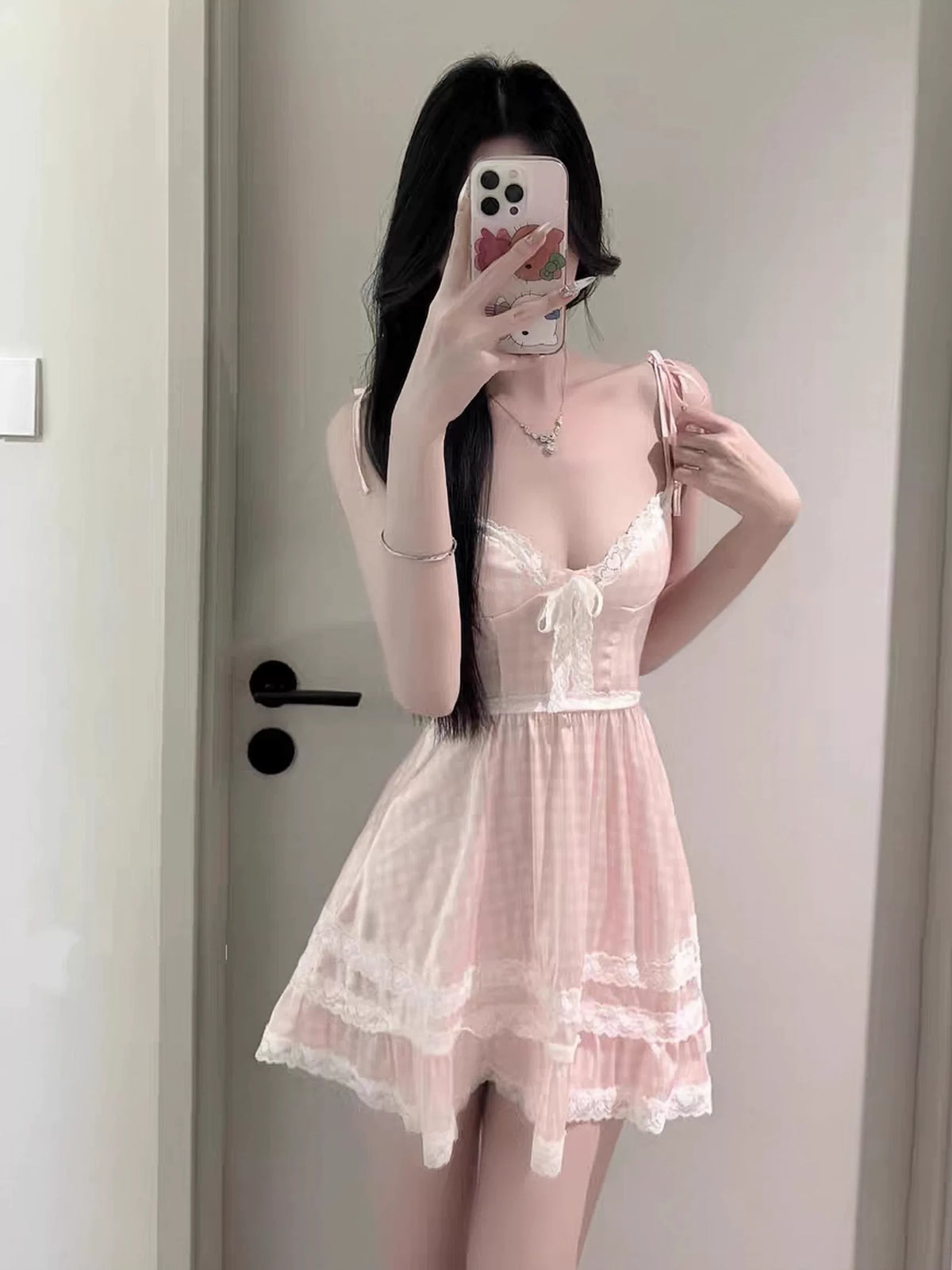Pink Coquette Satin Nightgown | Balletcore Lace Trim Slip Dress for Women