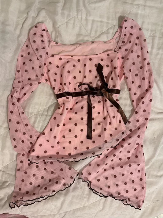Pink Polka Dot Gentle Lady Off-the-Shoulder Collar Bell Sleeves Flattering Long-Sleeve Blouse for Spring Women