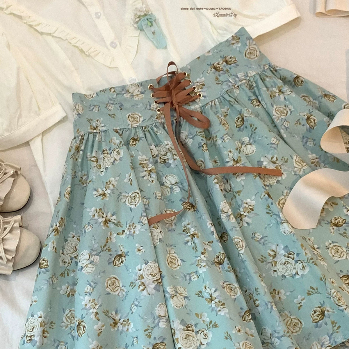 Sleepingdoll Handmade — Kingfisher Garden Mint Rose Printed Cotton Dress Half-Skirt Series