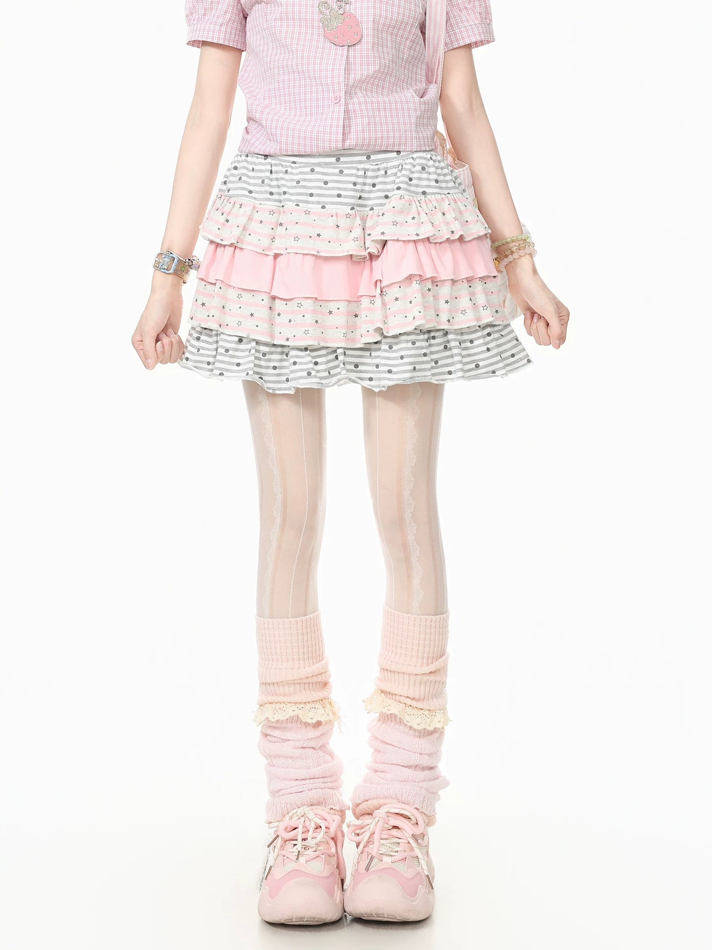 Languid Park Blue Ghost Star Dot Ruffle Cake Skirt Dress (Half Skirt) for Women—Summer Short Skirt