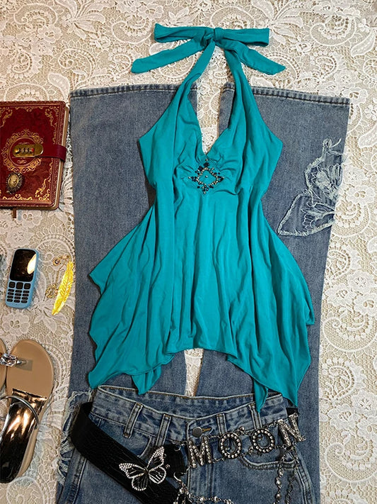 Coconut Girl Original Lake Blue Halter Cami Tank Top for Women Summer Vintage Vacation Outfit Sexy Babe Top