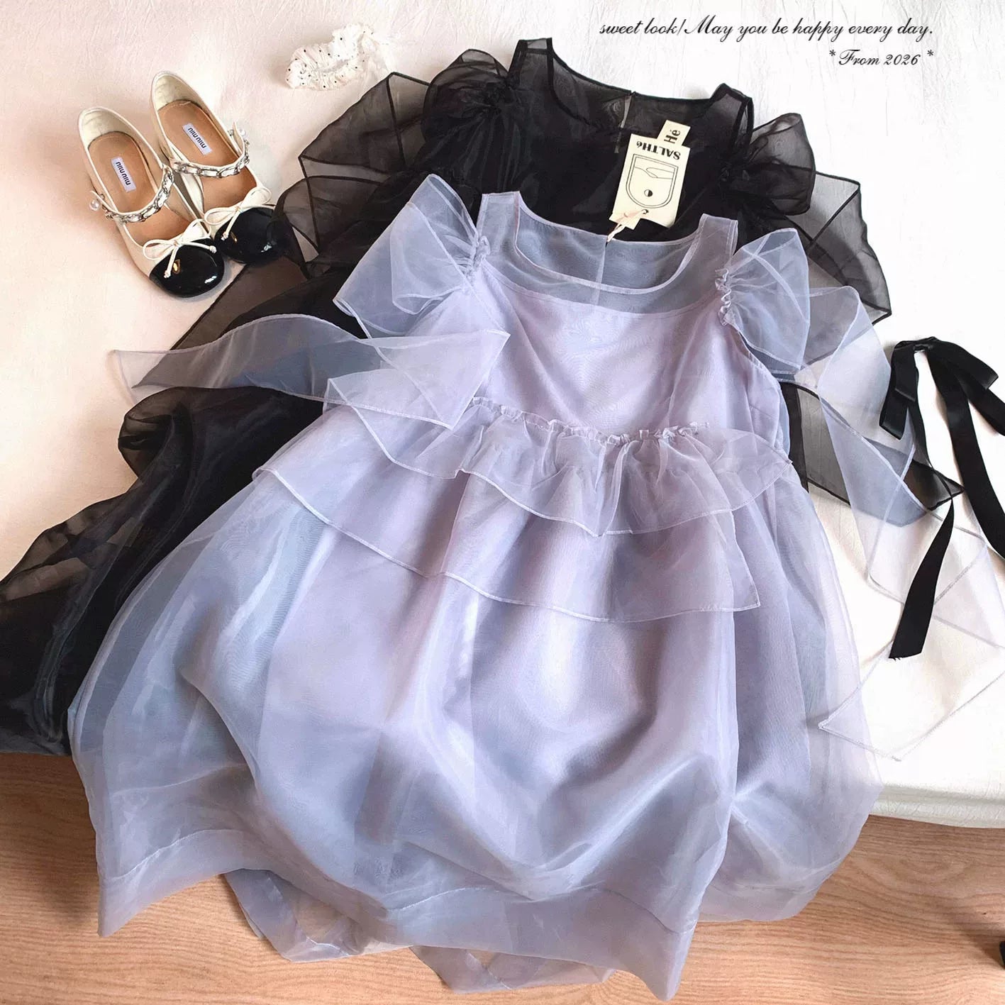 Final Clearance yc Salt* Sweet Bowknot Crew Neck Solid Color Sheer Chiffon Tulle Slip Dress