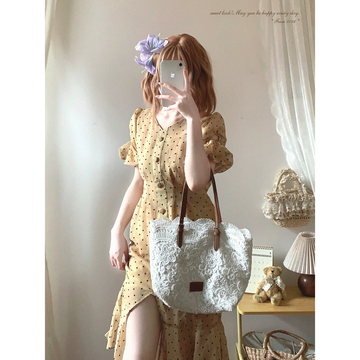 Last-Stock Vintage-Inspired Heart Polka Dot Print Pleated Puff-Sleeve Single-Breasted Dress