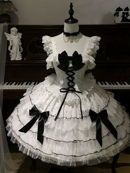 Black-and-White Lolita Cute Official Slimming Cinched Waist Dress Versatile One-Piece