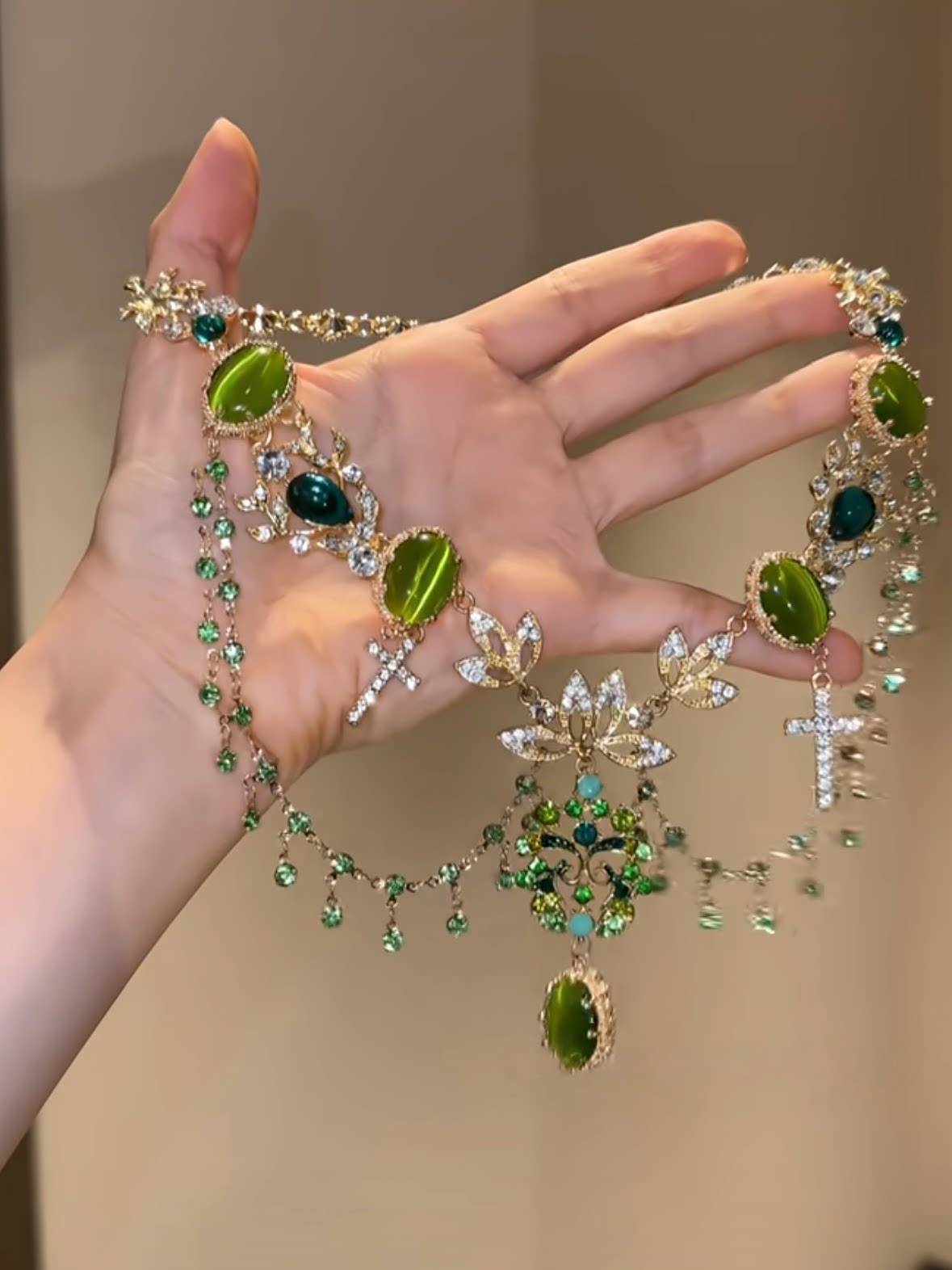 Spring/Summer Botanical Green Floral Tassel Necklace, Ornate Statement Choker, Luxe Double-Layer Necklace for Women