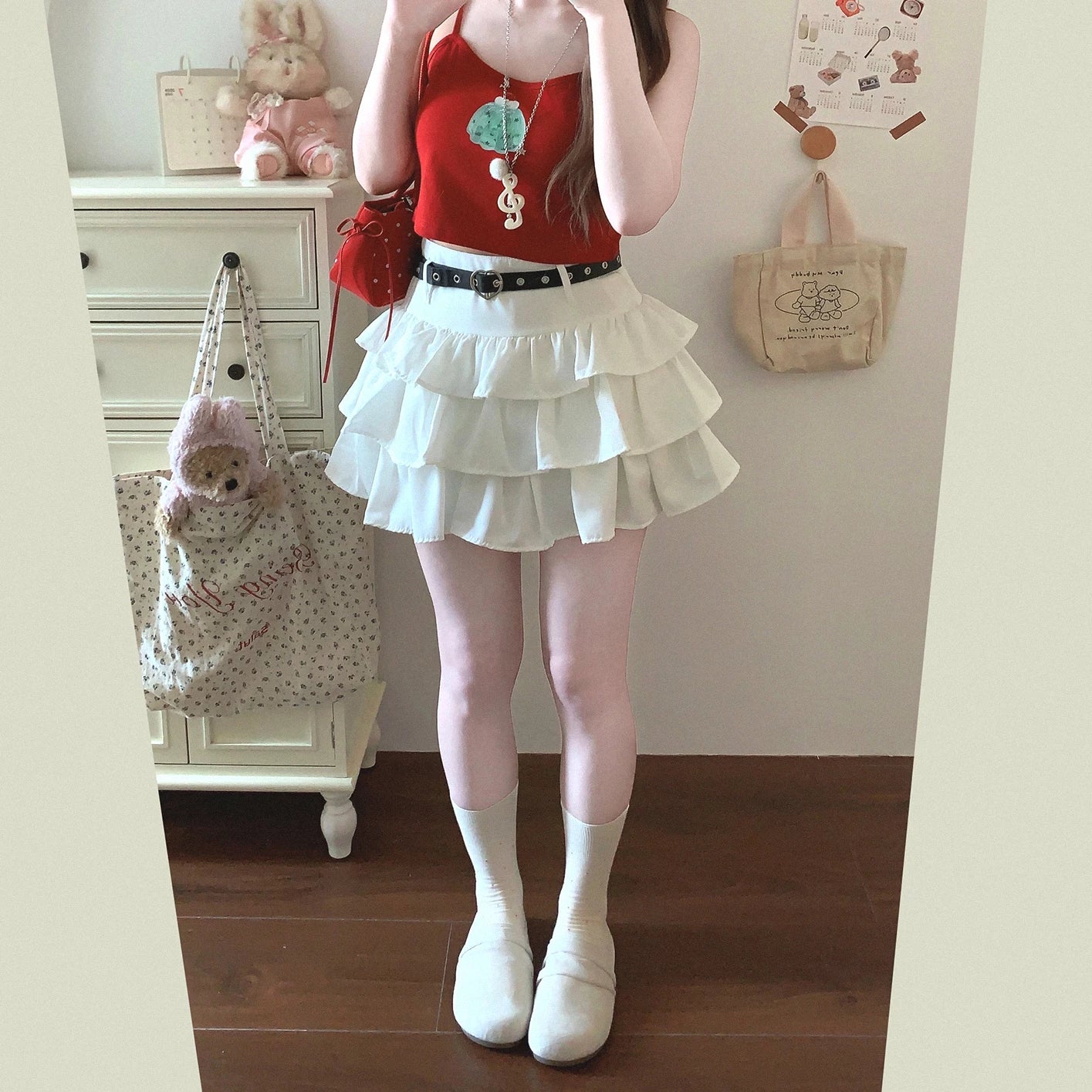 Last-Call Layered Skirt Sweet High-Waist Heart Belt Puff Cake Skirt *f