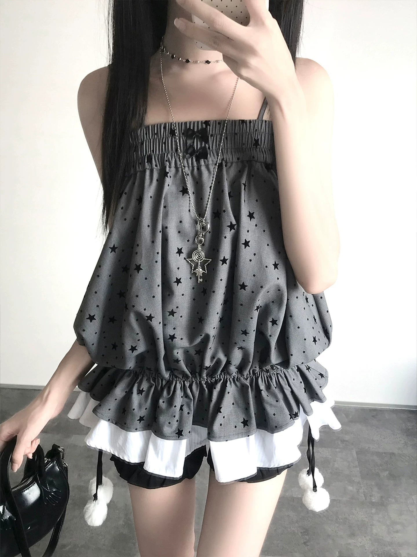 LaLa Sauce “Grey Mist Star” Star Camisole + Sun-Protection Cardigan Two-Piece Set with Drawstring Pom-Pom Sweet & Cool Girl Outfit