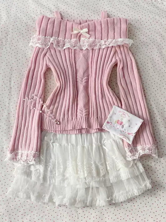 retro French pink lace sweater
