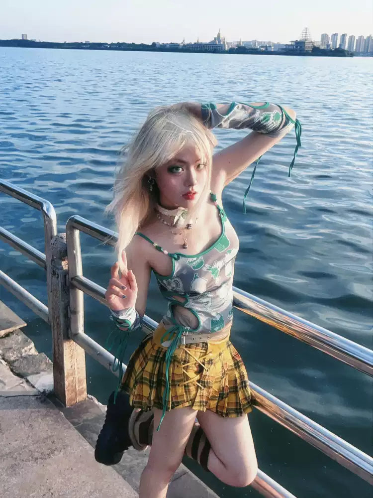 hollow green ice cream print vest
