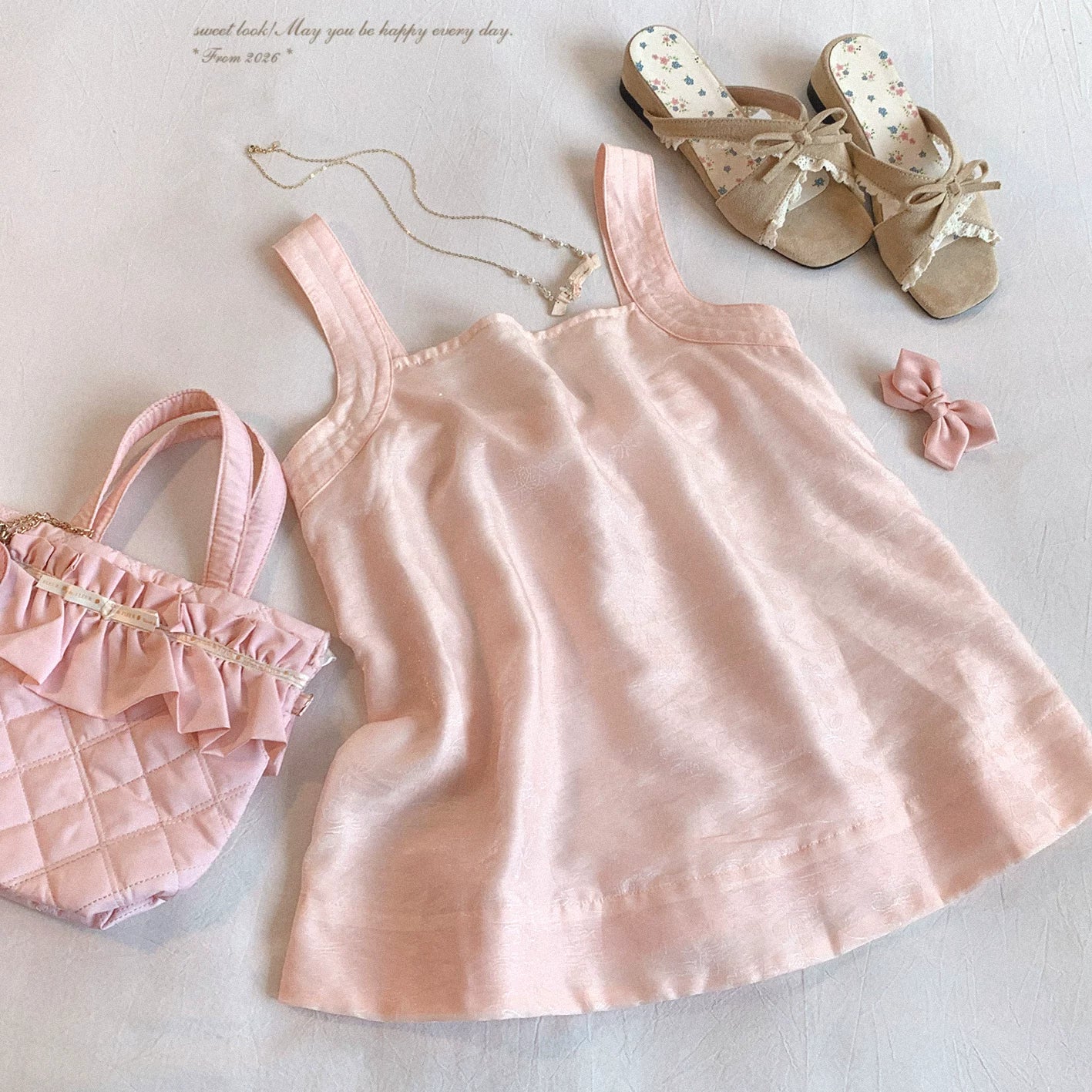 Last-piece **myyj** Cotton Elegant Chinese-Style Jacquard with Subtle Pattern, Relaxed Tie-Strap Butterfly Bow Slip Dress*