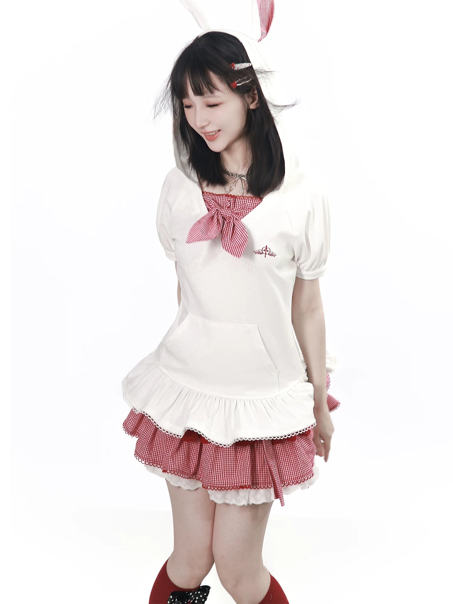Fast Dispatch【Sugar Heart Apple】Red &amp; White Bunny Ears Pattern Knit Cropped Cardigan Layered Cake Dress