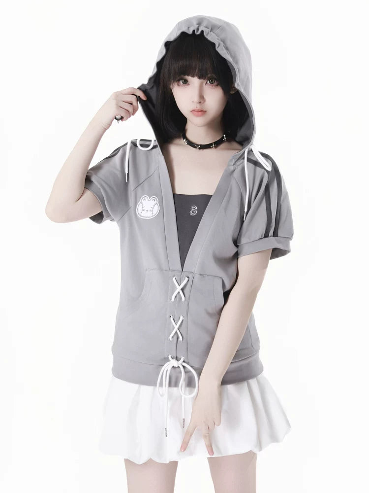 PinkSavior 【Cute Bunny Pitcher】 Grayish Summer Ballgown Dress Outfit with Ruffles, Drawstring Waist and Bow-Tie Belt