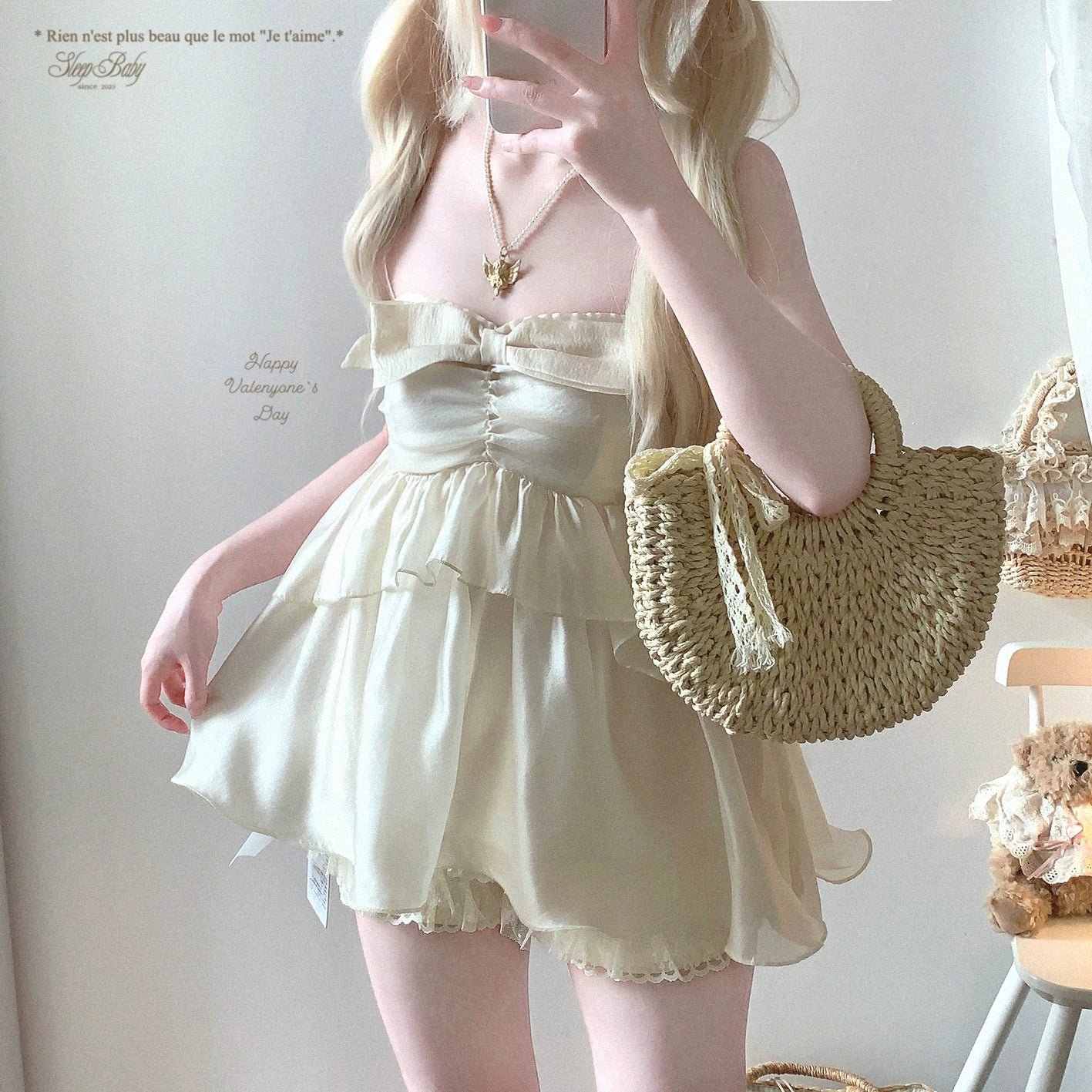 Final-Call Joykik* Sweet Butterfly Bow French-Style Glittering Chiffon Ruffled Pleated Bustier Off-Shoulder Top