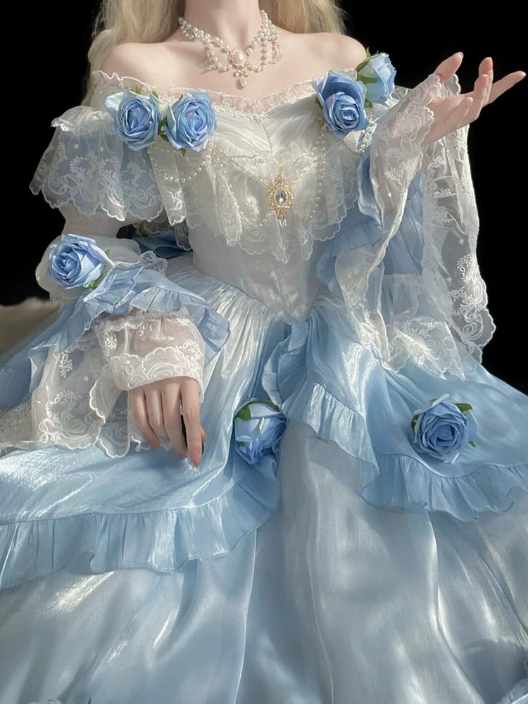 Escaping Princess Gradient Blue Lolita Fairy Long Dress Elegant Lolita Courtwear—Adult Coming-of-Age Heirloom Embroidered Puff Skirt