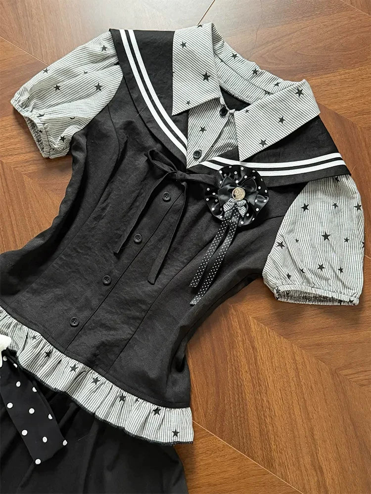Preppy Navy Collar Fake Two-Piece Star Stripe Short Sleeve Shirt & Mini Skirt Set for Women, Summer 2026 New Arrival