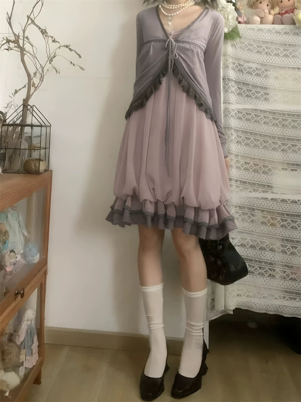 Petite Retro Japanese-Style Vintage Spaghetti-Strap Dress + Elegant, Youthful, Slimming Long-Sleeve Cardigan Set