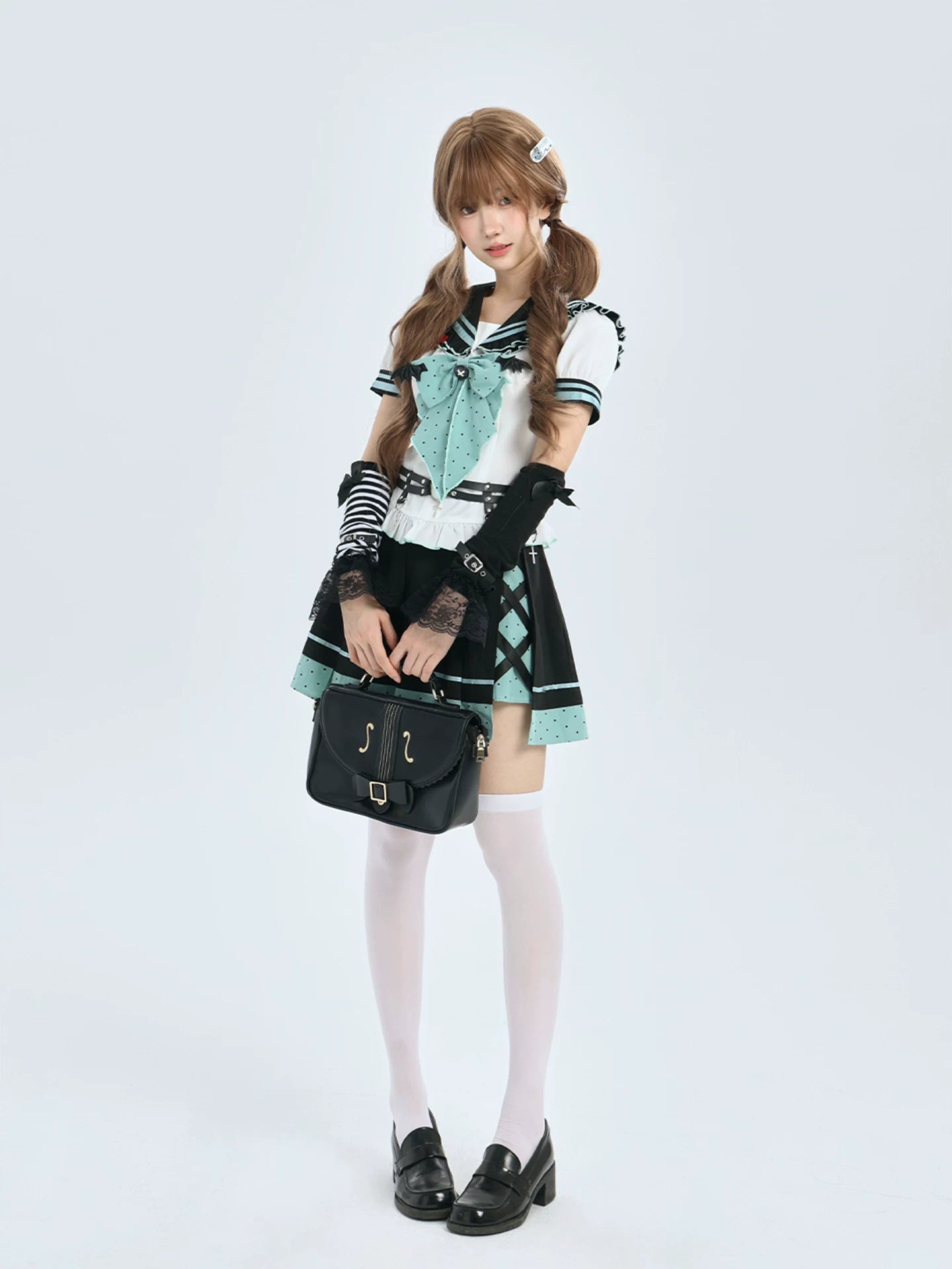 Lala Sauce Cyber Dreamscape Mint Black Sailor Dress Set Sweet Cool Bat Dot Bowtie Pleated Skirt Two-Piece