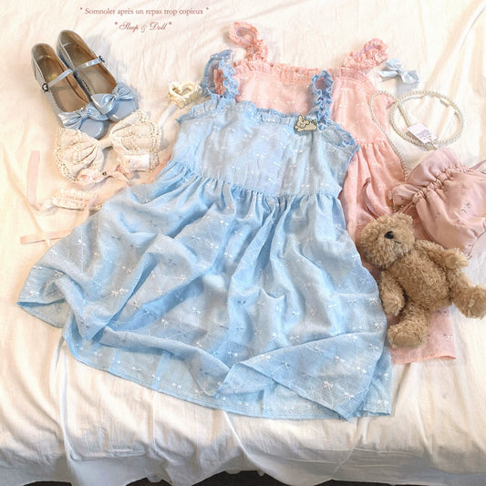 Final-Stock CCK*K Sweet Little Girl Springtime Butterfly Bow Embroidered Diamond-Pattern Jacquard, Soft Camisole Dress