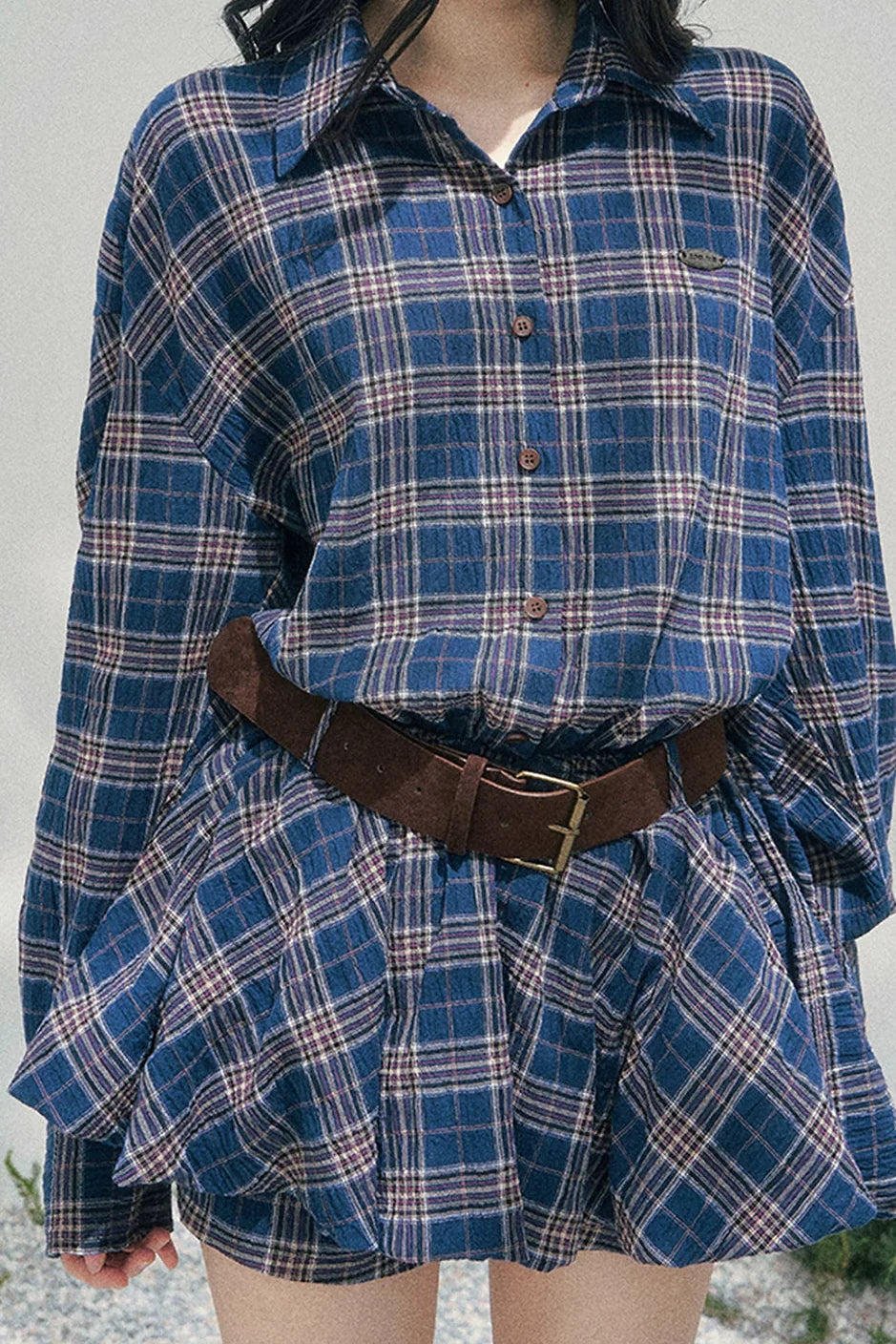 American Polo Collar Check Dress + Pants + Belt