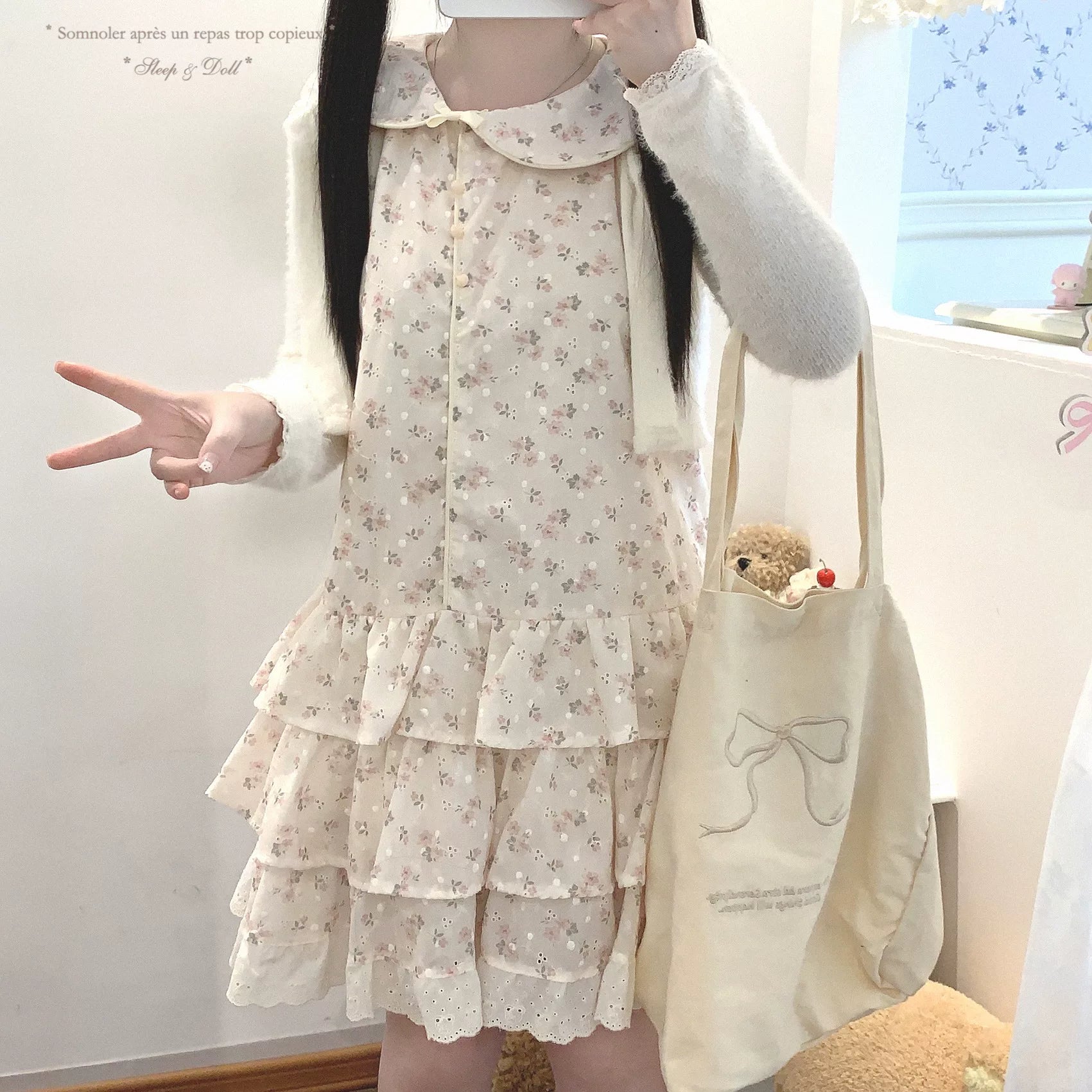 sleepingdoll Handmade* Floral Cake Dress Doll Collar Sweet & Fresh Frilly Floral Tiered Skirt Dress