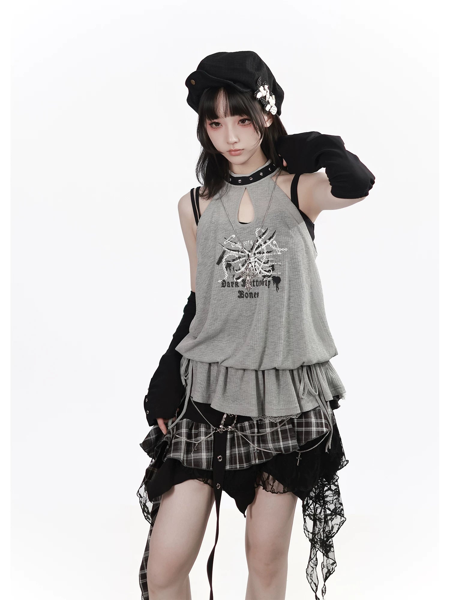 Ready Stock Ships Fast 【Banded Songbird Bone】 Irregular Shawl with Camisole, Summer Cool Styling, Irregular Plaid Skirt Matching