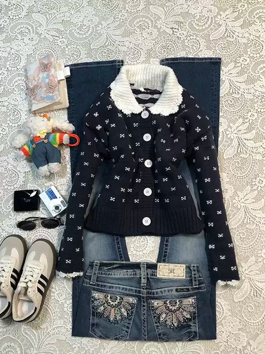 Navy Lapel Knitted Cardigan Jacket