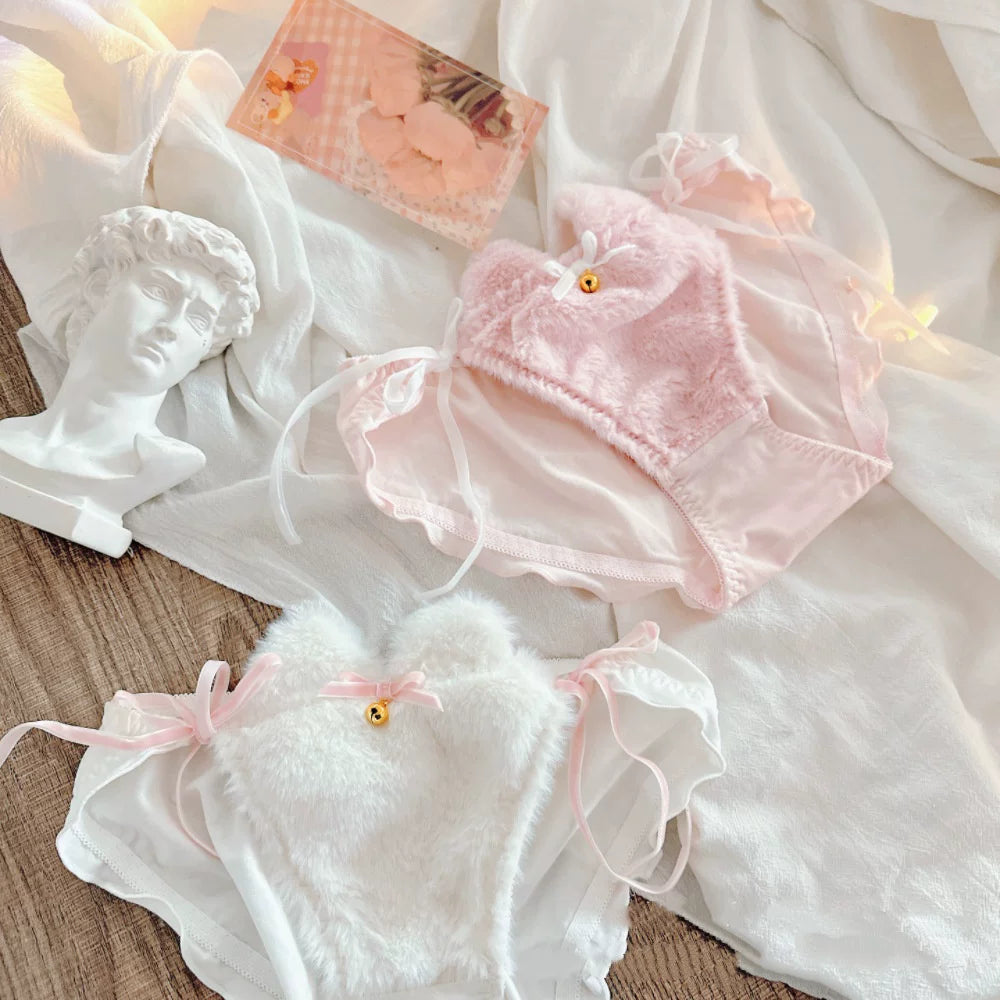 Japanese-Style Cat-Ear Bell Plush Bow-Knot Princess Triangle Cotton Panties—Fresh Cute Lolita Style Lace-Trim for Women