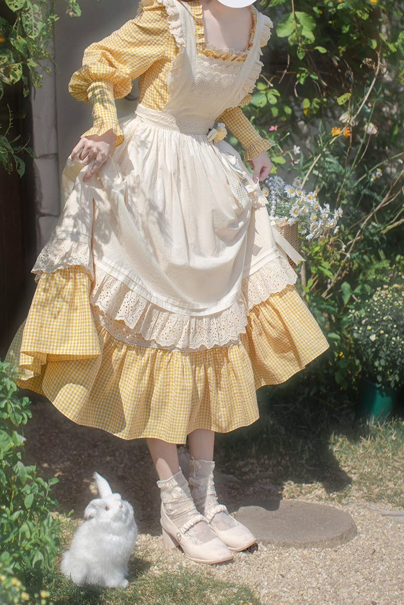 【Pre-order item】Retro Girly Yellow Dress + Apron + Ribbon