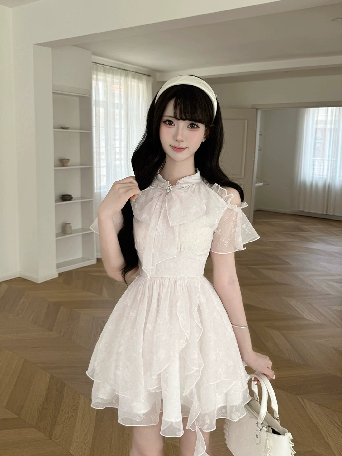 Lala Sauce “Cloud Veil” Sheer Chiffon—Clear & Classic “Gentle-Lady” Vibe Light Pink Floral Off-Shoulder Asymmetrical Mini Dress