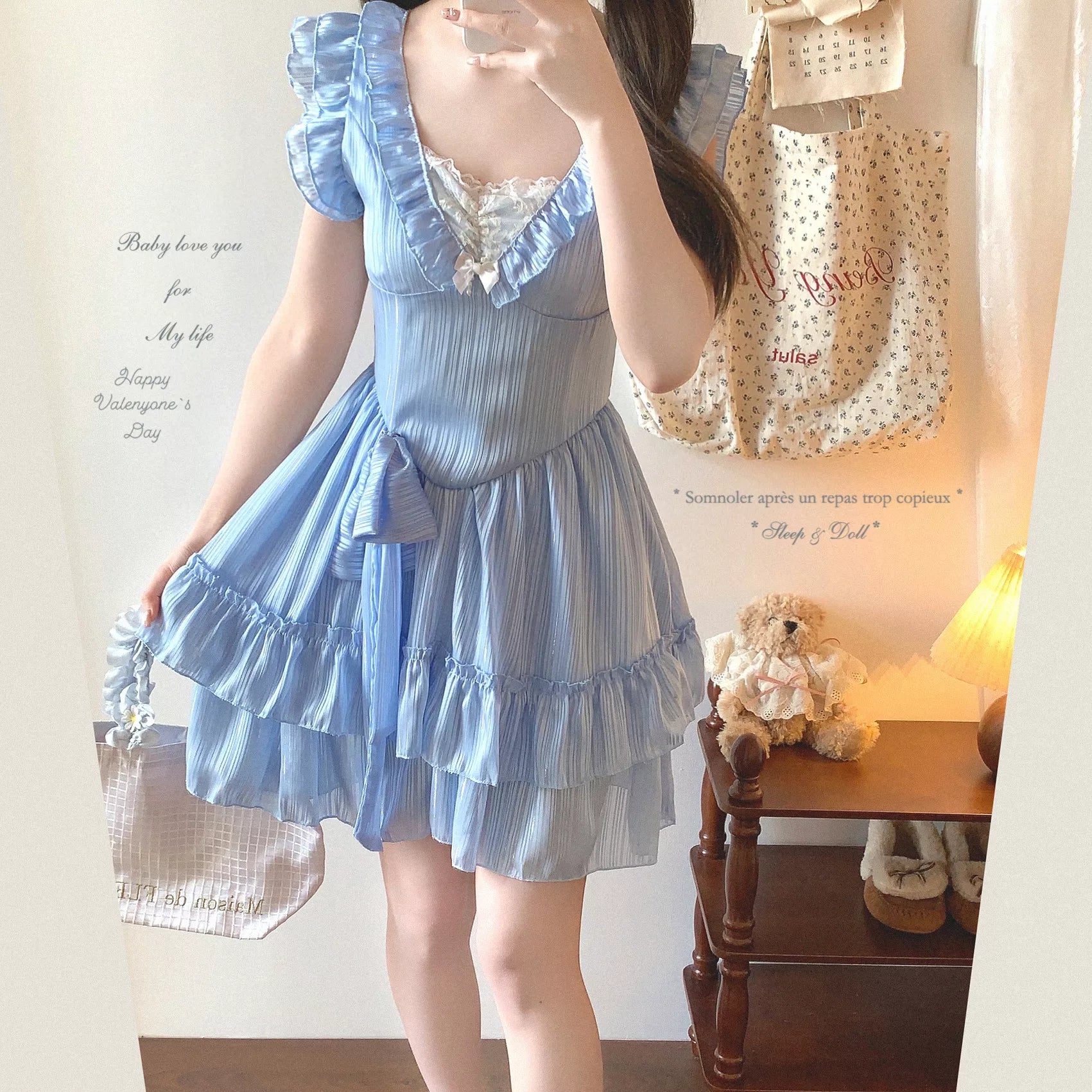 Last-Call Sweet Ruffled Hem Puff-Sleeve Lace Bow Embroidered Pure-Desire Tiered Princess Dress