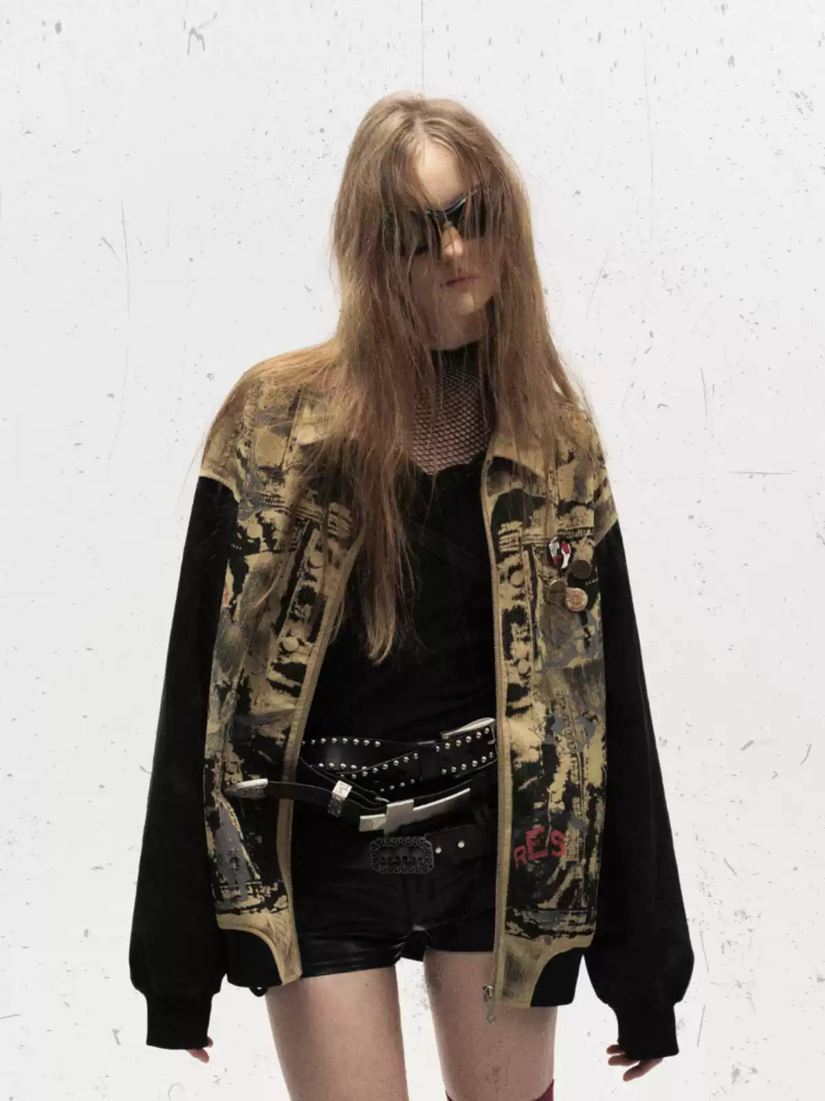 American retro distressed worn graffiti splicing jacket