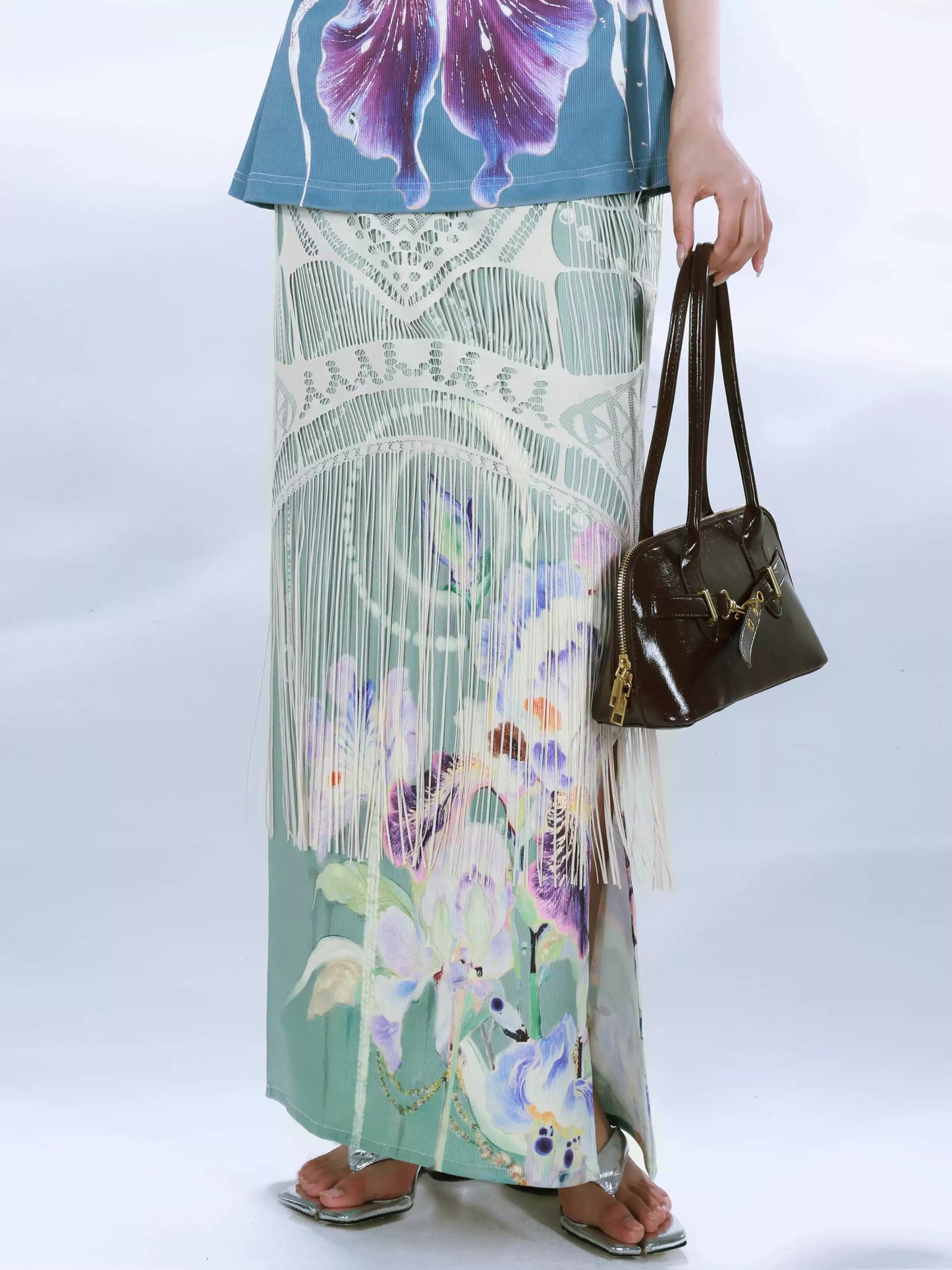 Retro Hand-painted Printed Fake Two-piece Tassel Skirt