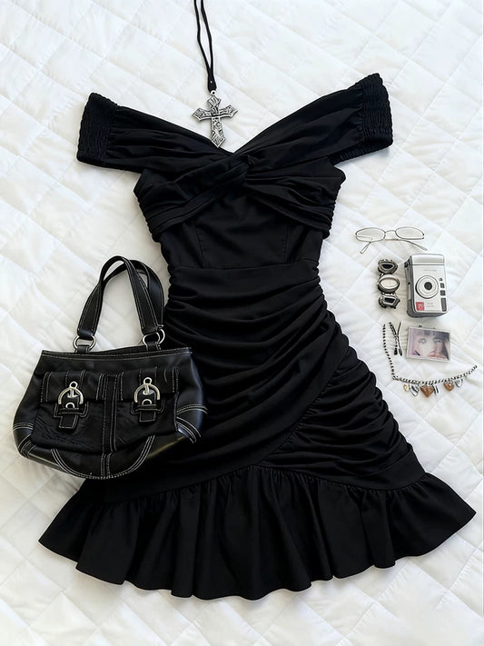 Black Off-Shoulder Slimming Cinched Waist A-Line Dress for Women, Summer New Style, Refined Boutique Design