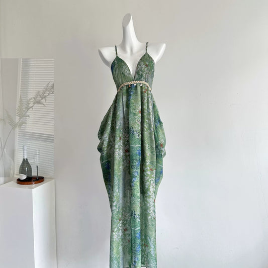 Miou Handmade 2026 Summer “Green Fields of Oz” Slip Dress with V-Neck, Tie-Waist Slimming Fit, Vacation Resort Style Oz Green L