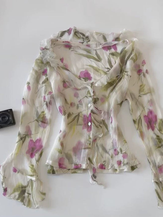 White Romantic &amp; Gentle Lady Floral Print Long-Sleeve Top for Summer, Sweet Boutique Styling for Women